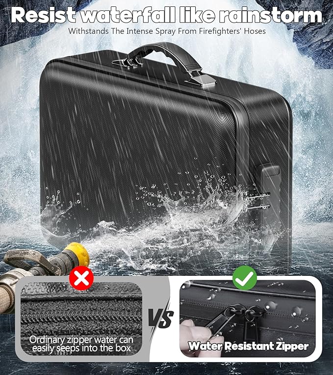 Fireproof Document Box, Hard Case Highly Flame-Resistant Fire Proof Waterproof File Organizer with Lock, Portable Fire Safe f