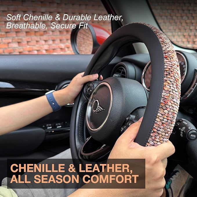 PINCTROT Chenille Leather Steering Wheel Cover, Soft Mottled Colors, Sweat-Proof, Non-Slip Grip, All-Season Comfort, Universa