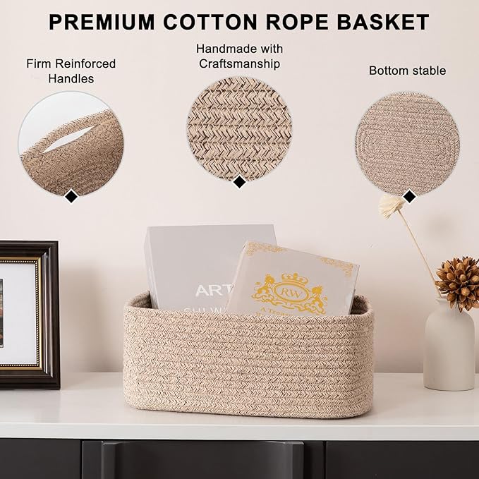 OIASKET 4 Pack Small Storage Shelf Baskets for Organizing, Mini Woven Rope Storage Bins for Towels, Cute Decorative Closet Or