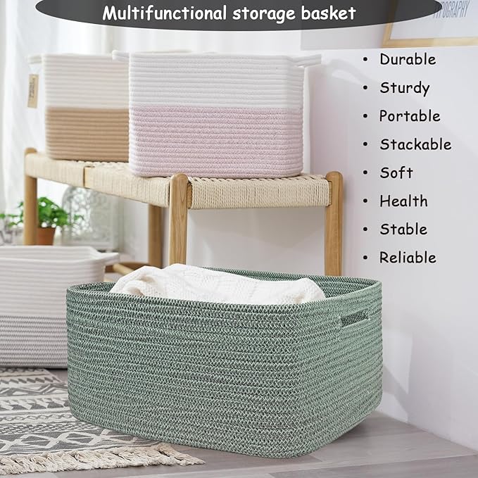 COMFY-HOMI Cotton Rope Woven Basket with Handles for Shelves,Toys,Book, Cloth Storage Baskets for Organizing-17" x 13" x 7.5"
