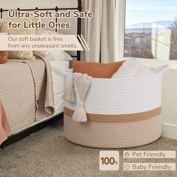 INDRESSME 115L Extra Large Cotton Rope Basket, Woven Baby laundry Blanket Basket for Home Decor Living Room Nursery, Toy Stor