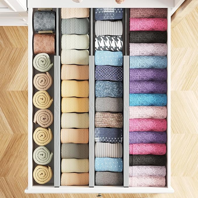 SpaceAid Bamboo Dresser Drawer Dividers 6 Pack, 4.65“ High Adjustable 17“-22” Drawer Organizers, Expandable Organization for 