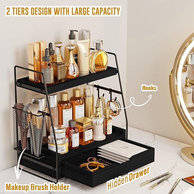 2-Tier Bathroom Counter Organizer with Drawer & Removable Basket, Wood & Metal Vanity Organizer for Skincare, Makeup, Perfume