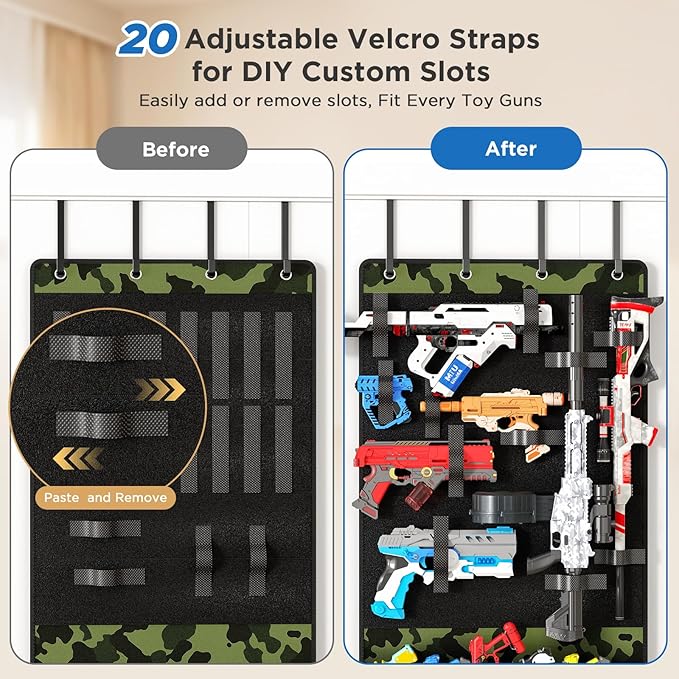 Over the Door Organizer for Toy Guns, Toy Gun Storage Organizer with Pockets and Slots for Kids Foam Blasters, Darts, Goggles