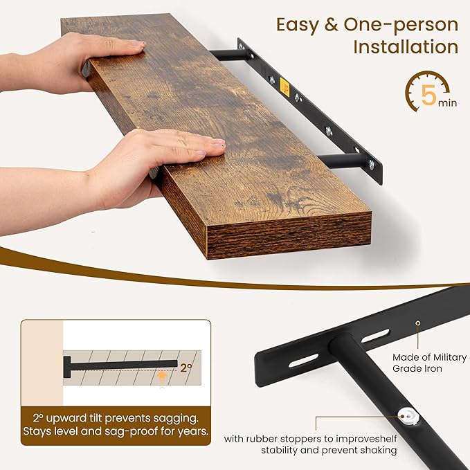 Dreamland 72Inch Floating Shelves for Wall, Rustic Wooden Storage Shelf for Living Room, Kitchen, Farmhouse, Wall Mounted Dis