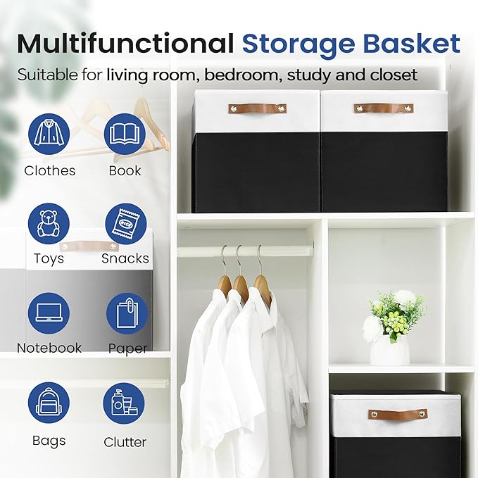 FinishingBo 6-Pack Storage Cubes with Handles & Label Holders Basket, Closet Cube Home Organizer Bins(White/Black, 13 x 13 x 