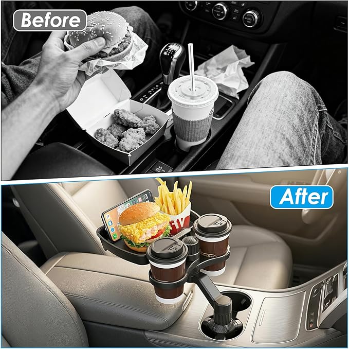 Biupky Car Cup Holder Expander, 4-in-1 Universal Cup Holder Tray Compatible with 2.6" to 3.94", Multi Cup Holders Table with 