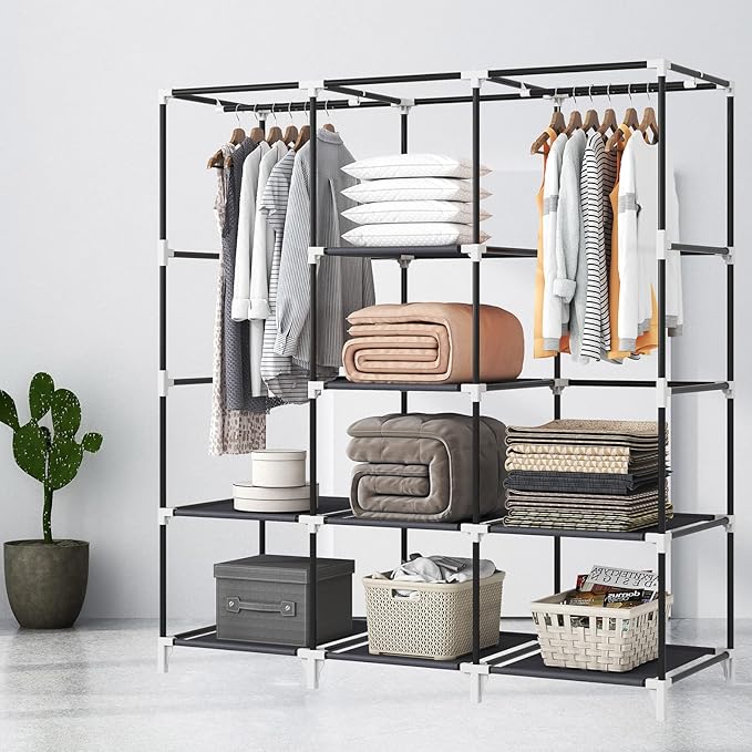 Portable Closet, 51 Inch Wardrobe Closet for Hanging Clothes with 2 Hanging Rods, 8 Storage Organizer Shelves for Bedroom, Du