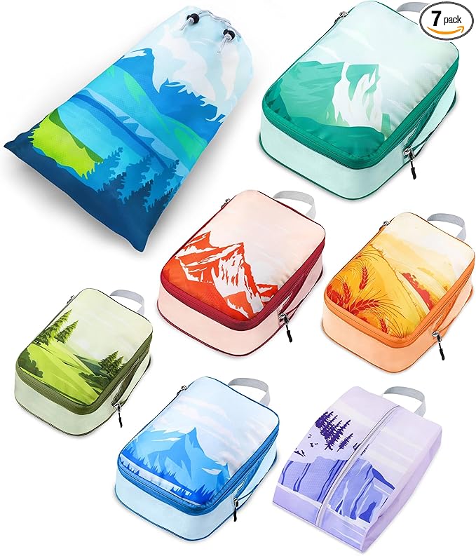 7 Set Compression Packing Cubes for Travel - Compressible/Expandable Luggage Organizer Bags Set, Double Zipper Packing Organi