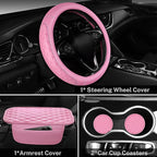 CAR PASS 3D Rhombus Leather Steering Wheel Cover Car Accessories Set, Comfortable Center Console Armrest Cushion with Storage Bags 2 Non-Slip Cup Coasters, 14.5-15in Cute Car Interior Sets, 4 PCS Pink