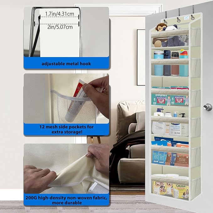 over the door organizer, Solid Bamboo Board (Not Plastic!) 6-Tier Heavy Duty 75LB, 12 Side Pockets, 3 Reinforced Hooks & Anti