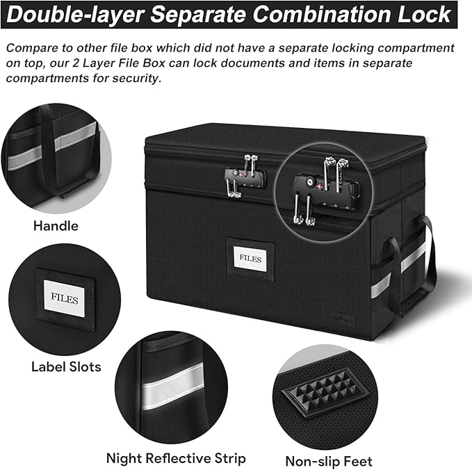 ETRONIK Large Fireproof Document Box with Lock, 2 Layer File Organizer, Portable Office Collapsible File Storage with Reflect