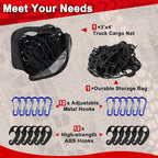 3’x4’ Truck Cargo Net Expands to 6' x 7' with 4"x4" Mesh Grid Super Duty Bungee Heavy Duty Bed Netting for Truck Bed Stretches with 12 Adjustable Metal Carabiners by Cenipar