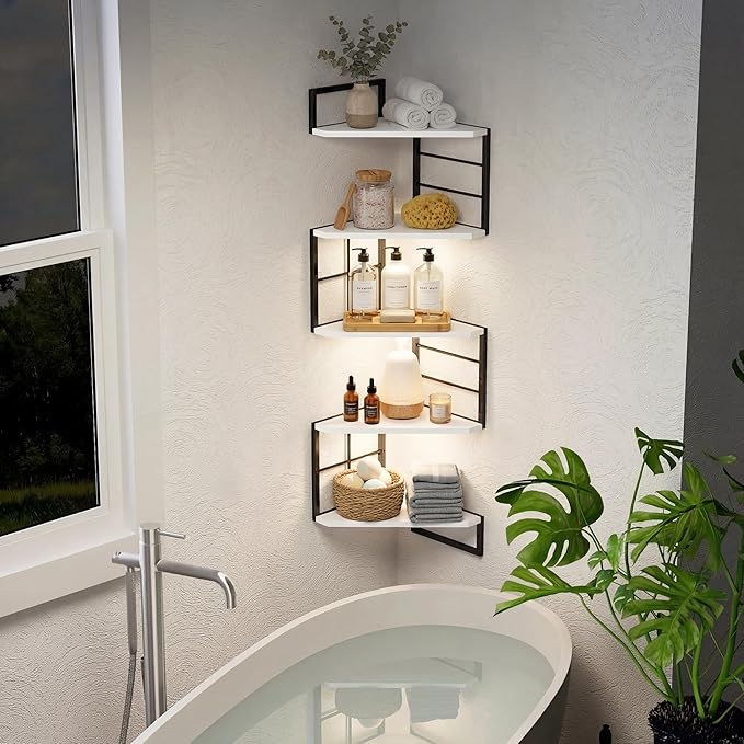 Corner Floating Shelves with Lights - 5 Tiers Corner Shelf Wall Mounted, Bookshelf with LED Light, Floating Shelves for Wall,