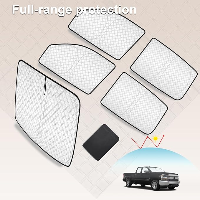 KMF 5pcs Thicken Sun Shades for Chevy Silverado 1500 2014-2019 Accessories, Chevrolet Full Car Window Covers Sunshade for Windshield Side, UV Block and Blackout Privacy for Camping Outdoor