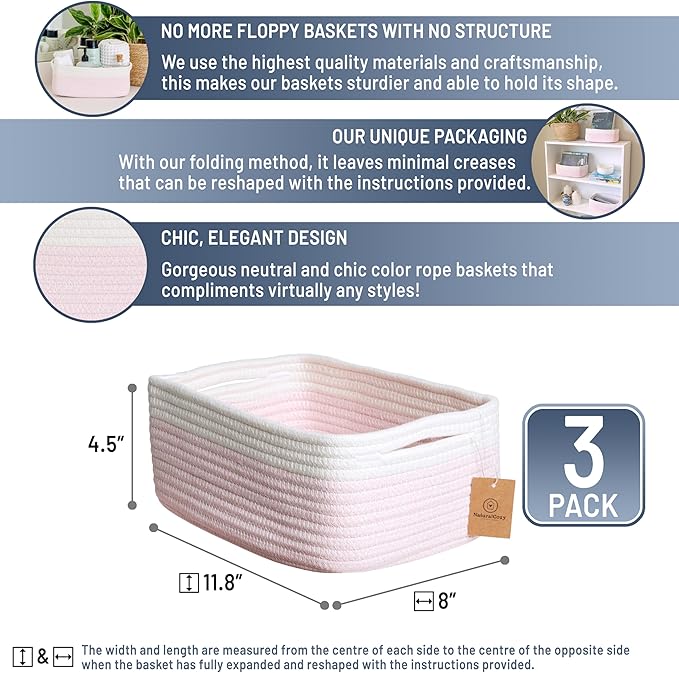 NaturalCozy 11.8"x8"x4.5” Rectangle Storage Baskets for Shelves 3 Pack | Cotton Rope Woven Small Baskets for Organizing | Sma