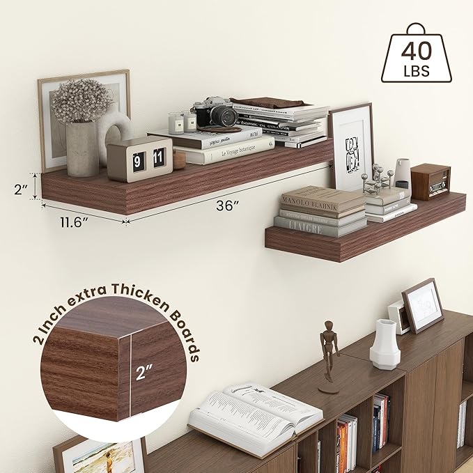 Deep Floating Shelves | 36 Inch Walnut Floating Shelves Set of 2 | 12 Inch Deep Rustic Wood Shelves for Wall | 36" W x 12" D 