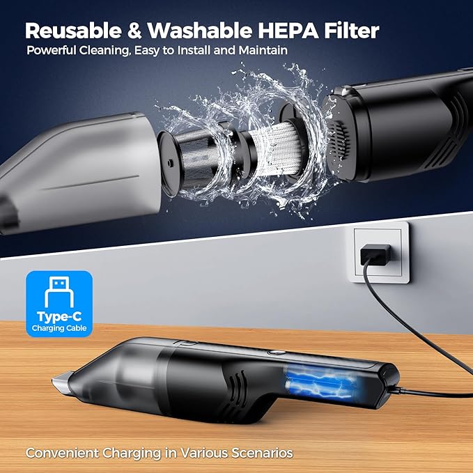 Handheld Vacuum Cordless -Car Vacuum Portable Cordless Cleaner with 11000Pa Powerful Suction,1.2lbs Lightweight, Type-C Charg