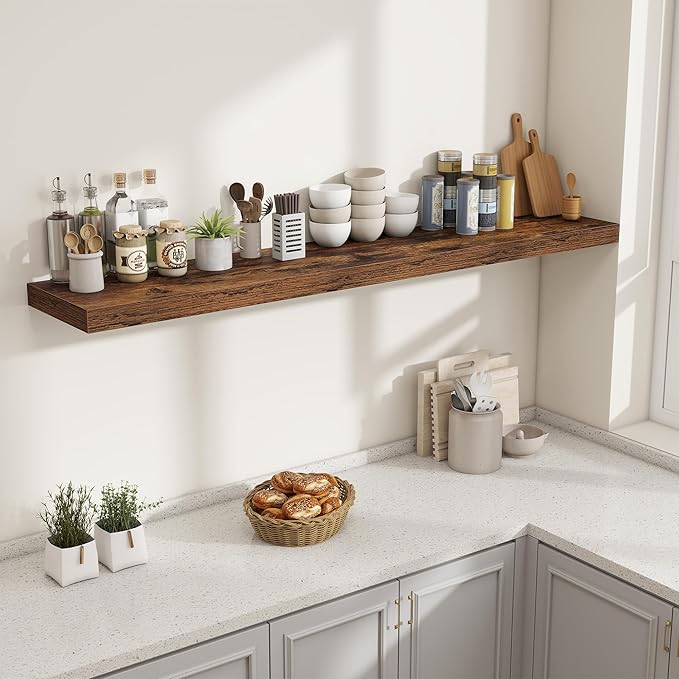 Fun Memories 72 Inch Fireplace Mantel Shelf, 12 Inch Deep Shelves for Display & Wall Storage, Rustic Wood Wall Shelf, Extra L