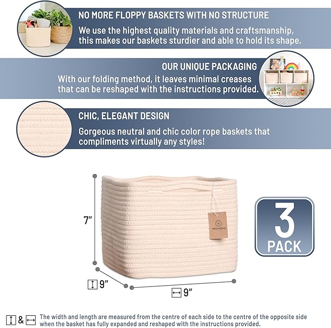 NaturalCozy Storage Cubes 9”x9”x7”Cotton Rope Woven Baskets for Organizing 3-Pack | 9 Inch Cube Storage Bin | Small Basket fo