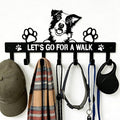Border Collie Key Holder Wall Mount, Dog Leash Holder for Wall with 7 Hooks, Let‘s Go for a Walk Sign, Metal Black Entryway K