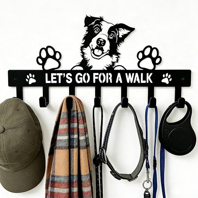 Border Collie Key Holder Wall Mount, Dog Leash Holder for Wall with 7 Hooks, Let‘s Go for a Walk Sign, Metal Black Entryway K