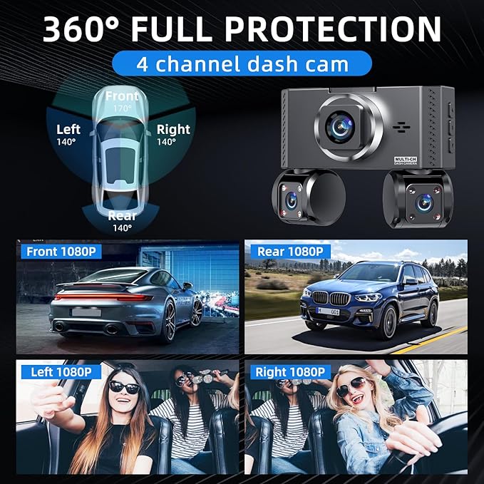 360° View 4 Channel Dash Cam Front and Rear, Dash Camera for Car with 3.16" IPS Touch Screen, 8 IR Night Vision, 5G WiFi&GPS,