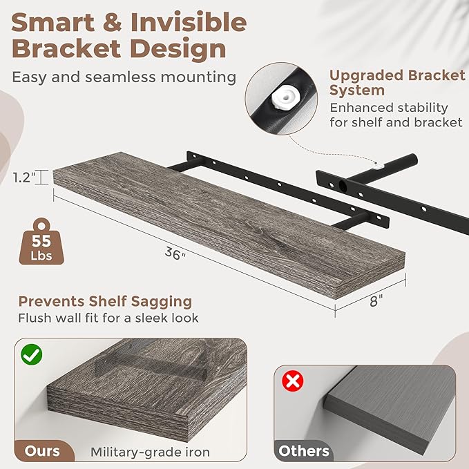 36 Inch Floating Shelves for Wall Set of 2, 8"D Wood Grain Bathroom Shelves with Invisible Brackets, Easy Install Engineered 