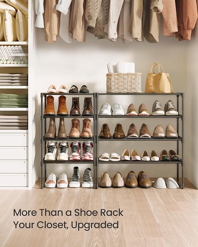 SONGMICS Shoe Rack, 4-Tier Shoe Organizer, Metal Storage Shelf, Upright or Upside Down, for 5-10 Pairs, Stackable, for Entryw