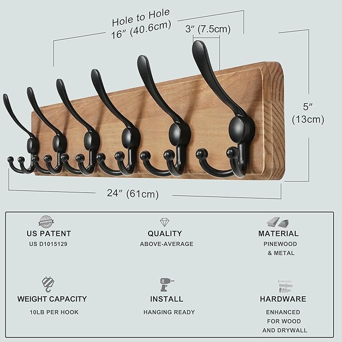 Dseap Coat Rack Wall Mounted - 24" Long 6 Tri Hooks, Heavy Duty Wooden Wall Coat Hanger Coat Hook for Clothes Hat Jacket Clot
