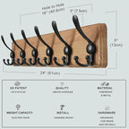 Dseap Coat Rack Wall Mounted - 24" Long 6 Tri Hooks, Heavy Duty Wooden Wall Coat Hanger Coat Hook for Clothes Hat Jacket Clot
