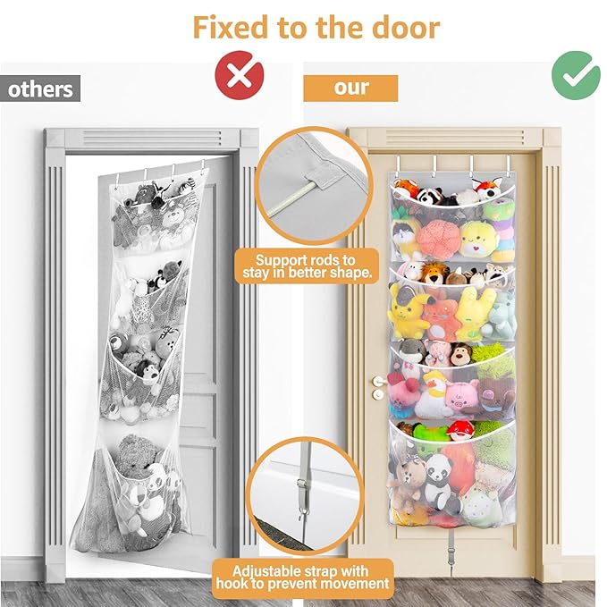 Woodoulogy Hanging Stuffed Animal Storage, Over Door Large Plush Toy Organizer with Metal Hook, Baby Accessory Holder Idea fo