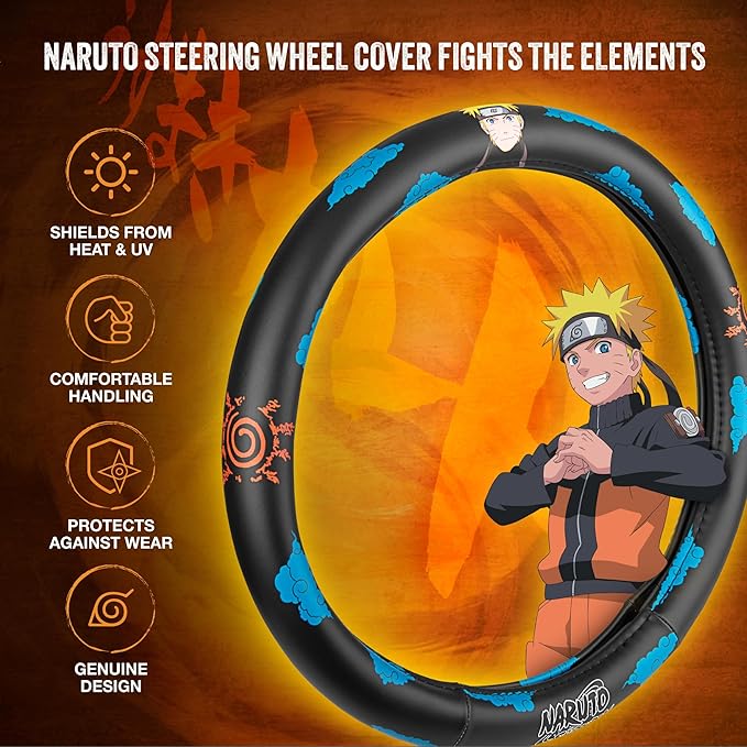 Naruto Shippuden Car Steering Wheel Cover, 15 Inch Anime Steering Wheel Cover, Cushioned Soft Comfortable Cover Anime Car Accessories for Men Women, Kumogakure