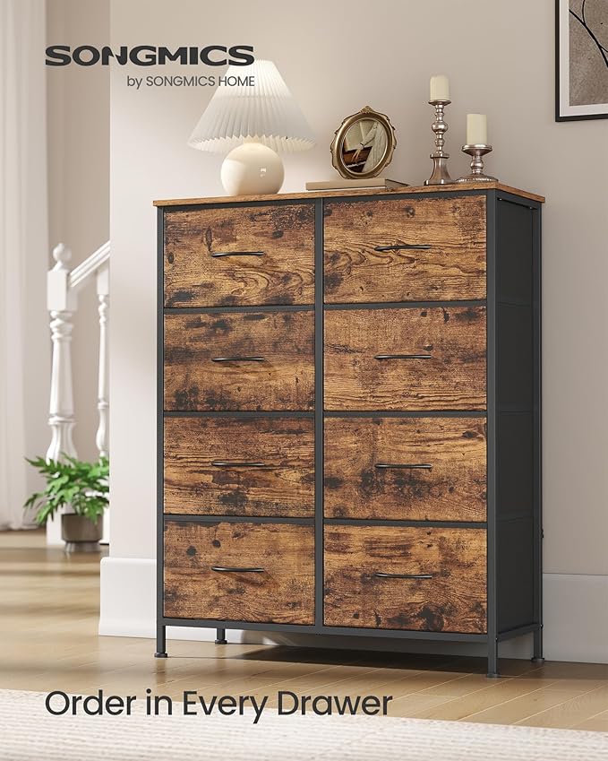 SONGMICS Dresser for Bedroom, Chest of Drawers, Steel, MDF, 8 Non-Woven Fabric Drawers, Storage Organizer Unit, Closet, Entry
