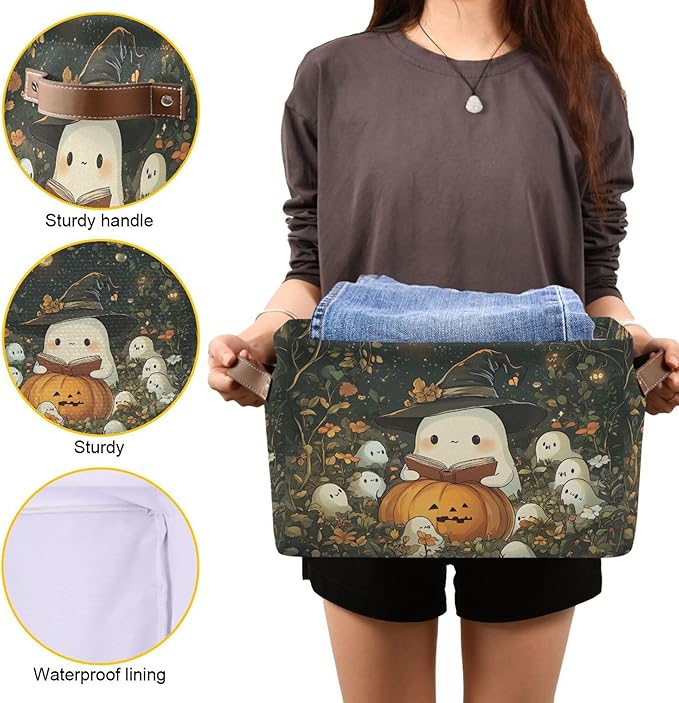 xigua Cute Ghost Wearing Witch Hat Storage Basket Foldable Storage Bin, Canvas Rectangular Storage Basket with Leather Handle