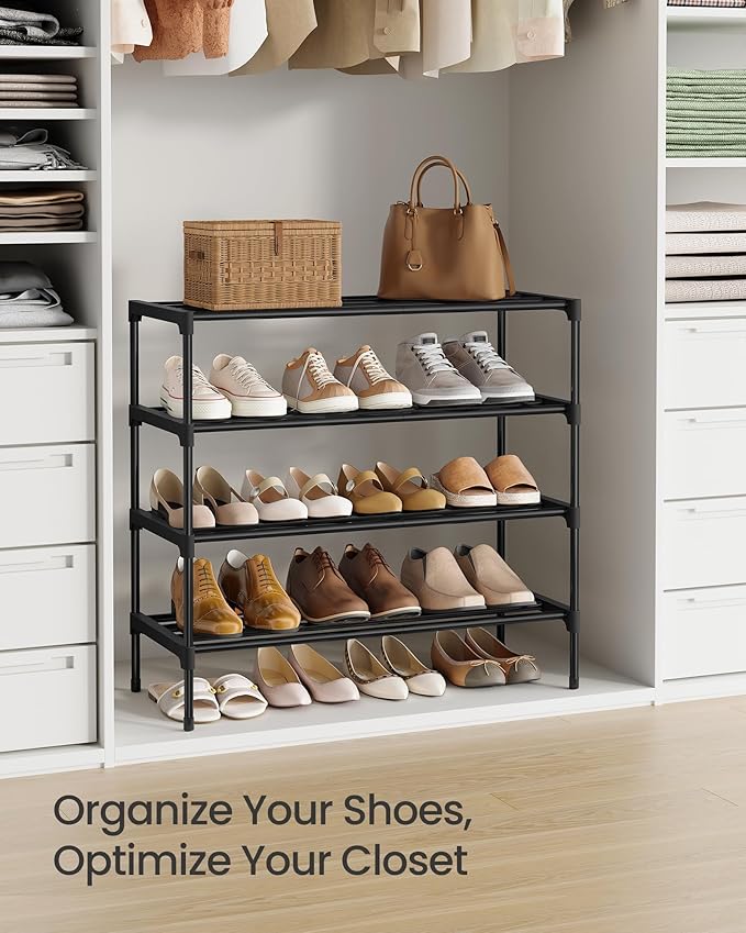SONGMICS 4-Tier Shoe Rack for Closet, Compact Metal Shoe Organizer Shelf for Entryway, Bedroom, Small Spaces, Stackable, 11.8