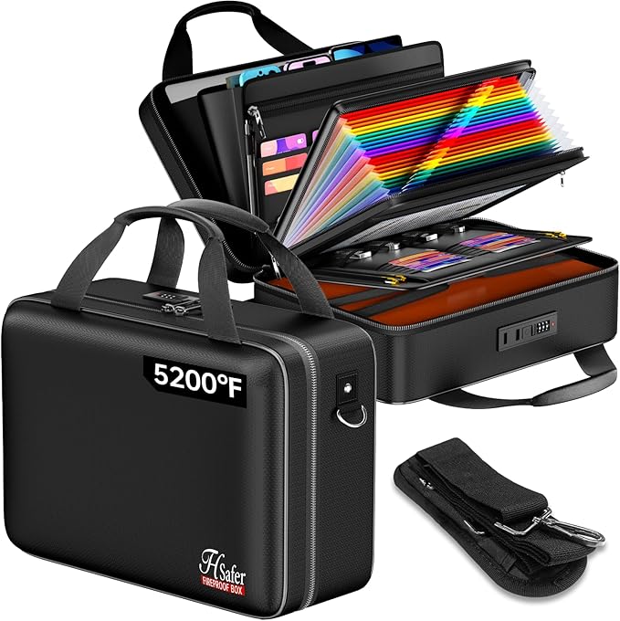 5200℉ Fireproof Document Box with lock, Hard-Shell Case File Organizer with 24 Pocket Accordion File Folder, Portable Safe Bo
