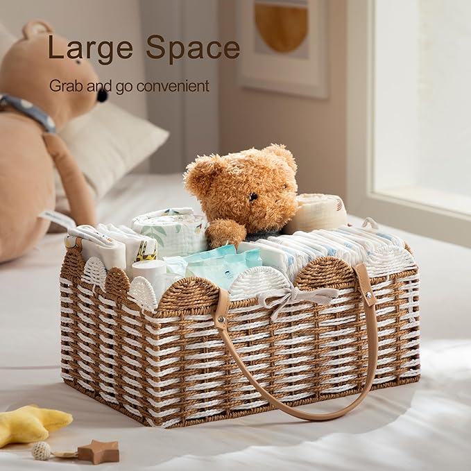 HBlife Large Baby Diaper Caddy, Paper Rope Storage Baskets Nursery Bin with Removable Divider, Portable Car Organizer for Dia