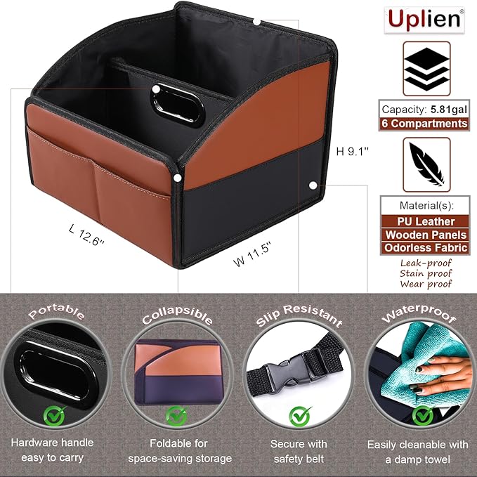 [2025 UPDATED] Leather Car Seat Organizer, Foldable Storage Box for Front Seat, Back Seats & Floor - Removable Divider,