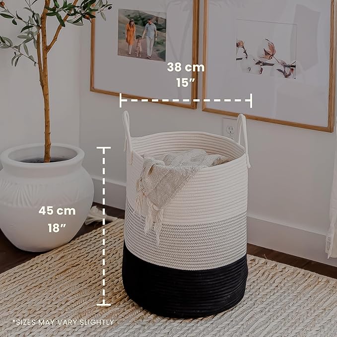 OrganiHaus Large Black & White Woven Laundry Basket w/Handles 52L, Rope Dirty Clothes Hamper, Blanket Basket for Living Room,