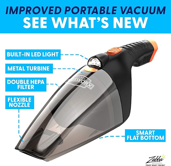 ThisWorx Car Vacuum Cleaner 2.0, Portable Handheld Mini Vacuums Cleaner W/ 16ft Cord, LED Light, Bag, & Attachments- Small Va