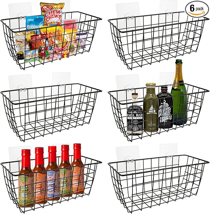 ABuff 6 Pack Metal Wire Storage Baskets Wall Mounted Hanging Wall Basket with Traceless Tape, Hanging Kitchen Organizer Baske