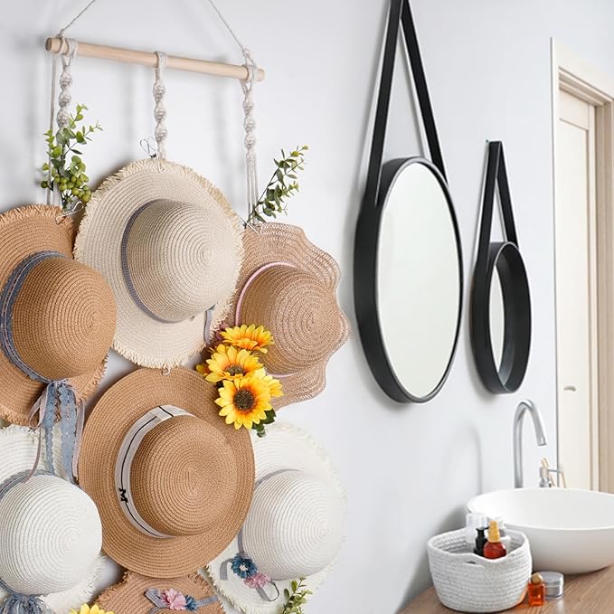 Macrame Hat Hangers for Wall Wide Brimmed Hat Holder Storage 10 Clips Hat Rack Organizer for Wall Display Boho Decor for Fedo