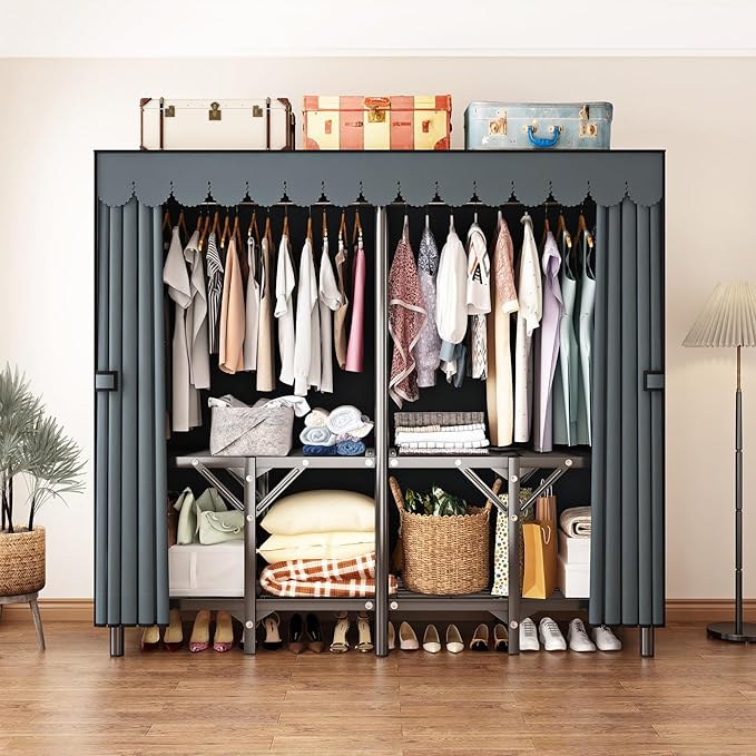 Gray Large Portable Armoire Wardrobe Closet with Foldable Clothing Wardrobe 25MM Steel Pipe Metal Frame Clothes Rack,One Piec
