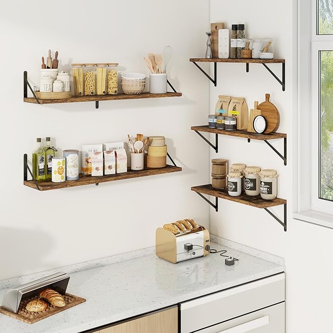 Floating Shelves, Wall Book Shelf with Brackets, 24 inch Wall Shelves Set of 3, Particle Board Wooden Shelf for Kitchen, Bath