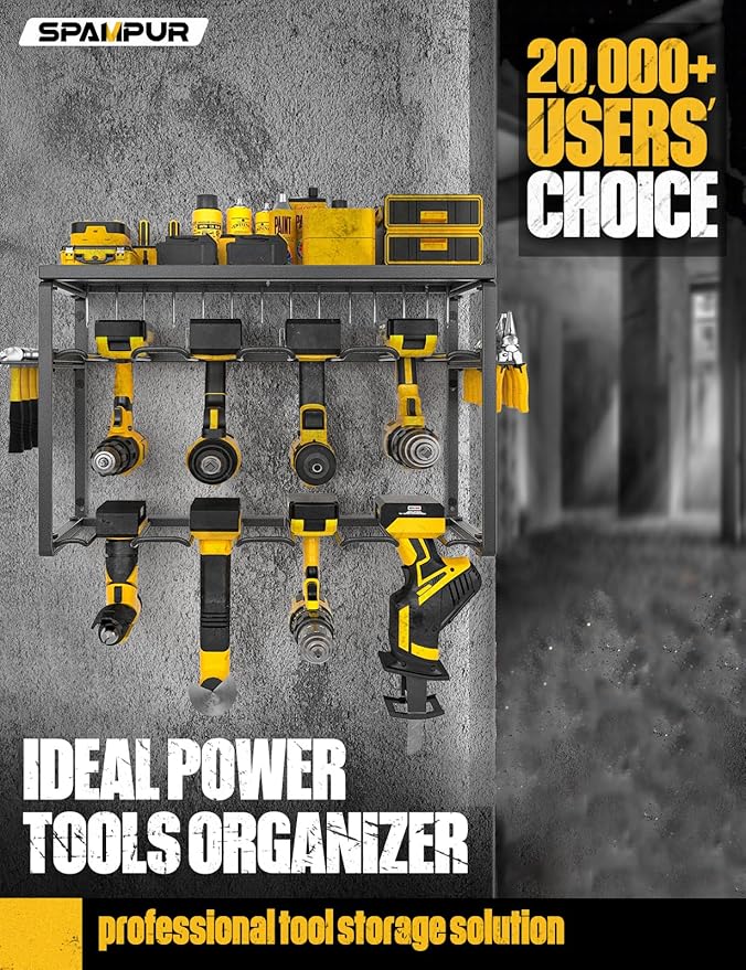 Spampur Power Tool Organizer, 8 Drill Holders Wall Mount, 3 Layer Heavy Duty Metal Storage for Garage Organization, Tools Sto