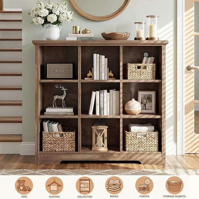 Aheaplus Wooden 9-Cube Storage Organizer with Charging Ports, Modern Cube Bookcase with Base, 4-Tier Floor Standing Open Cubb