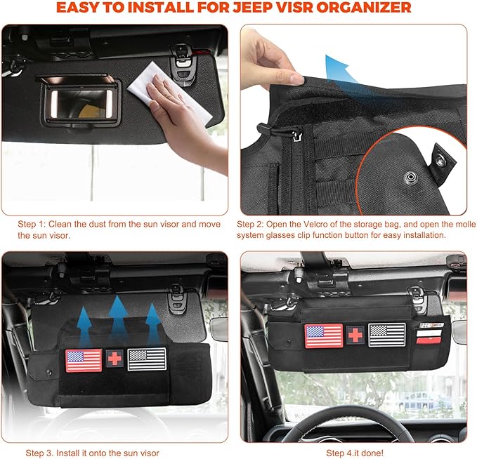 Sun Visor Organizer Compatible with Wrangler JL & JT 2018-2025, Driver's Side Front Tactical Visor Storage Molle Webbing Visor Storage, car Sunglasses Clip, Multi-Pocket