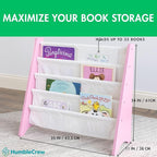Humble Crew 4-Tier Kids Bookshelf, Pink/White - Premium Book Shelf for Kids Rooms with Four Deep Pockets - Toddler Sling Book