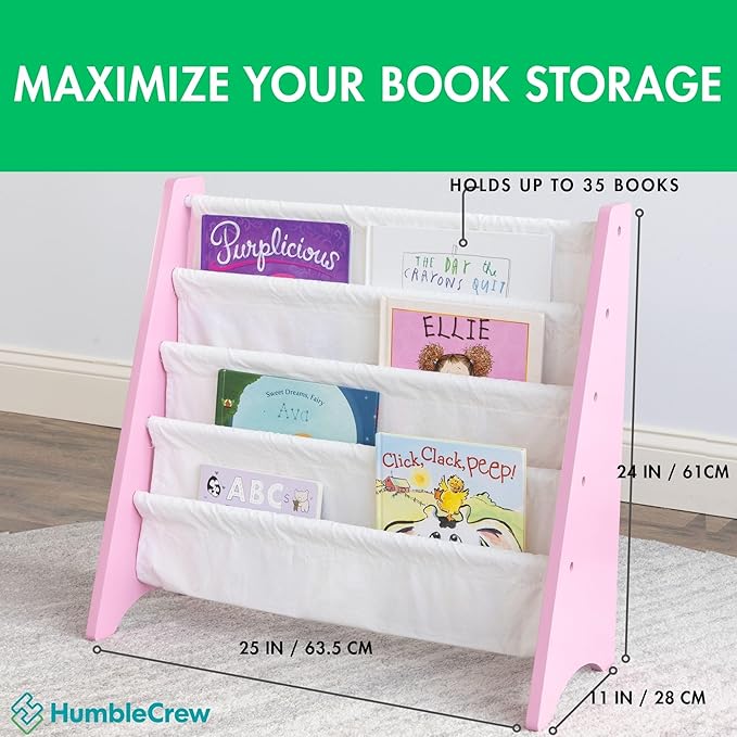 Humble Crew 4-Tier Kids Bookshelf, Pink/White - Premium Book Shelf for Kids Rooms with Four Deep Pockets - Toddler Sling Book